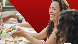 download Square image of woman at table with bowl of food (eating healthy) with the words Get Down With Your Blood Pressure (Entrale a bajar tu presion) in Spanish and the Hispanic Heritage Month logo